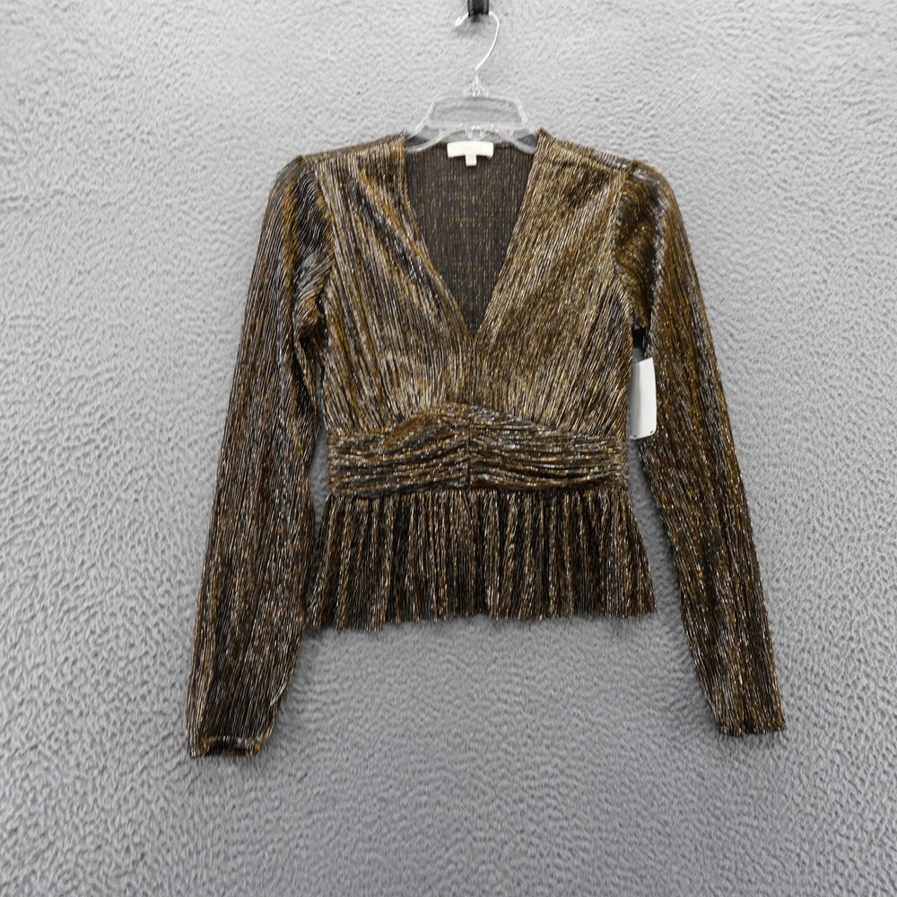 Parker Womens XXS Gold Silver Metallic Peplum V Neck Long Sleeve Top NEW
